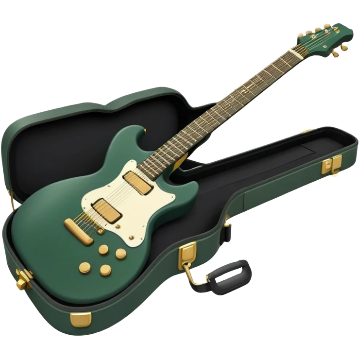minimalist electric guitar in dark green, closed inside a black rectangular hard case with gold latches, soft matte textures, simplified details, compact artistic look emoji