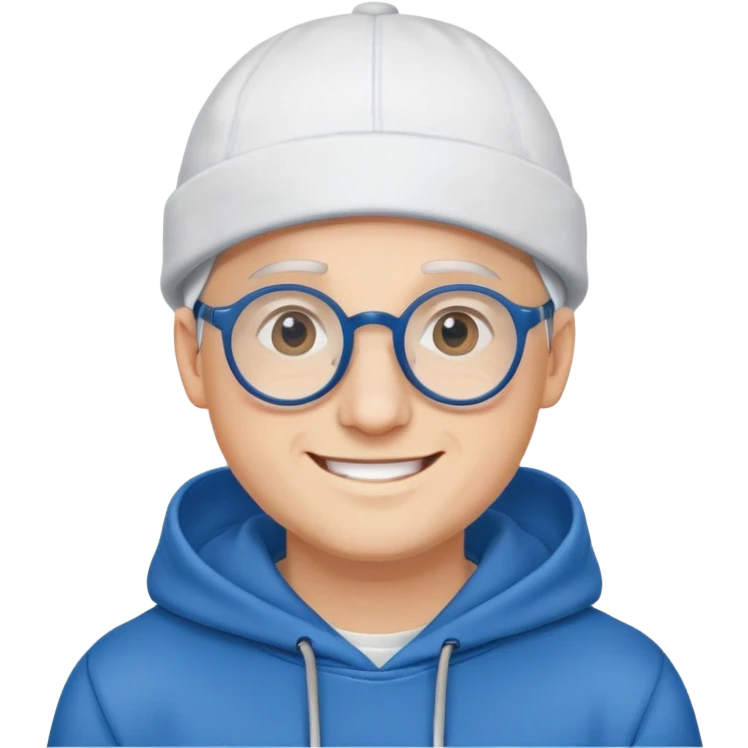 A man with smile and round wearing glasses, blue hoodei and white cap.  emoji