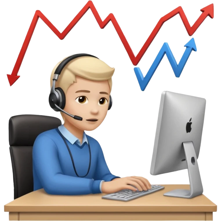 A person sitting at a desk working and looking at a computer with upward arrows and percentage signs, suggesting digital sales, marketing, or outreach. emoji