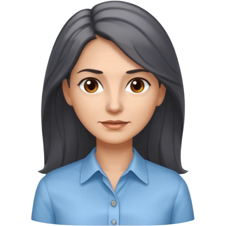 vit 50-årig kvinna med grå slingor i jättelångt mörkbrunt hår bruna ögon ljusblå skjorta med översta knappen uppknäppt emoji