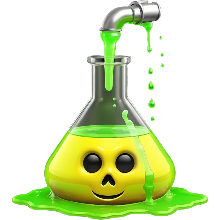 3D render of Spilled Flask, toxic waste aesthetic, neon green bubbling liquid, caution yellow metal, industrial warning texture. emoji