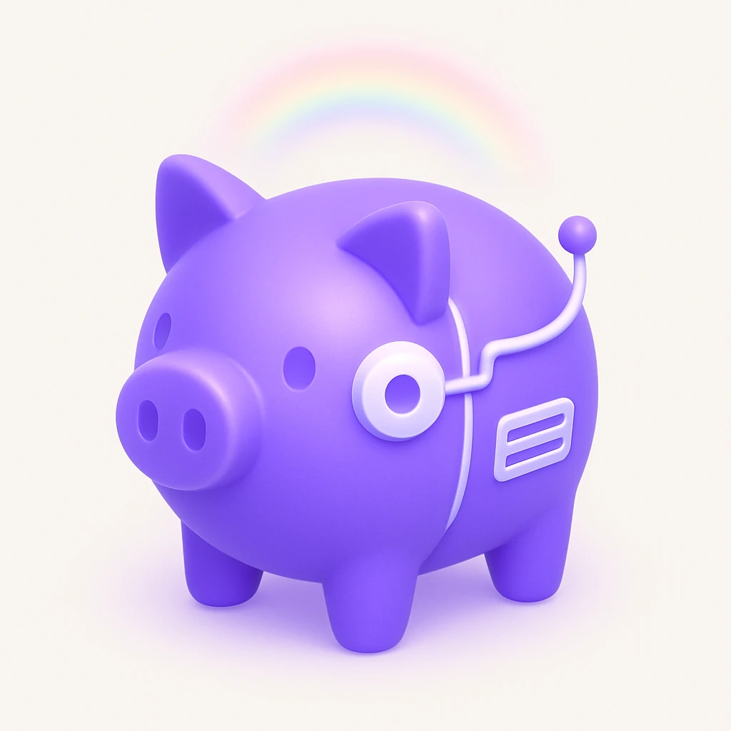 purple cyborg pig with a rainbow over her head, fun vibrant style emoji