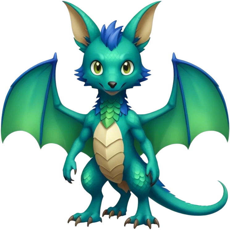 Cute cool fantasy animal hybrid bat-Sergal-Digimon-Fakemon full body, green scales, brown eyes, blue feathers emoji