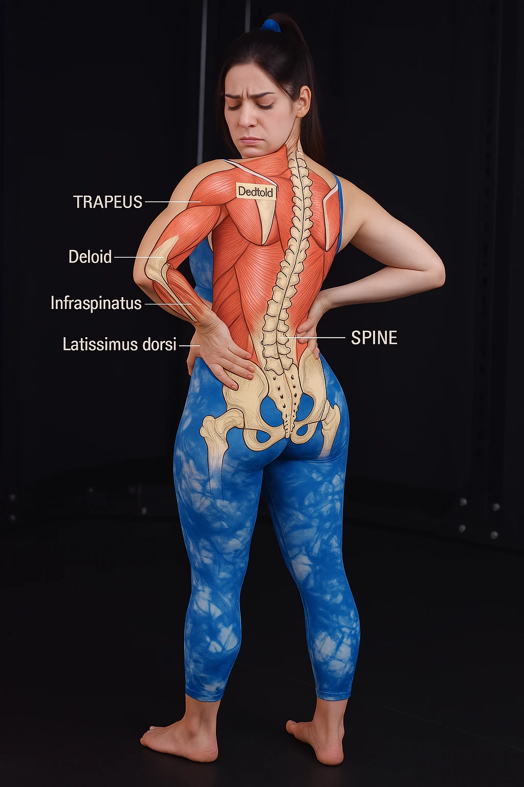 A woman with back pain, add an anatomically highlighted back on the body, variant 4, in a style suitable for editing and anatomical clarity. emoji