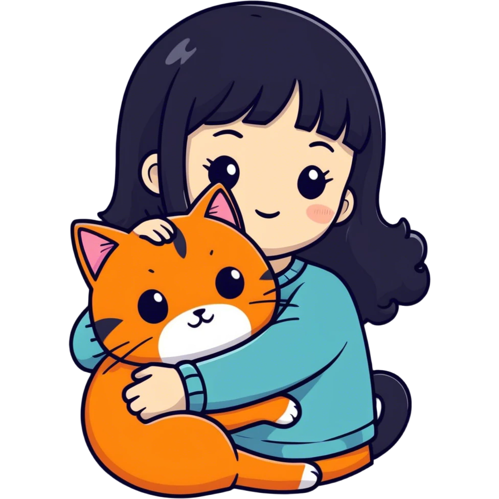 black haired girl hugging an orange cat emoji