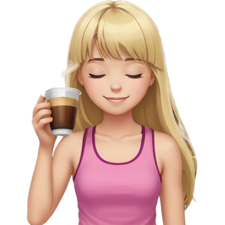 chica con pelo rubio largo con flequillo. tiene cara de que el café está rico. tiene los ojos cerrados y se la ve de perfil . lleva un top rosa de gimnasio  corto y de tirantes. el café está en un vaso transparente y es de color marrón oscuro. la pajita es dorada  emoji