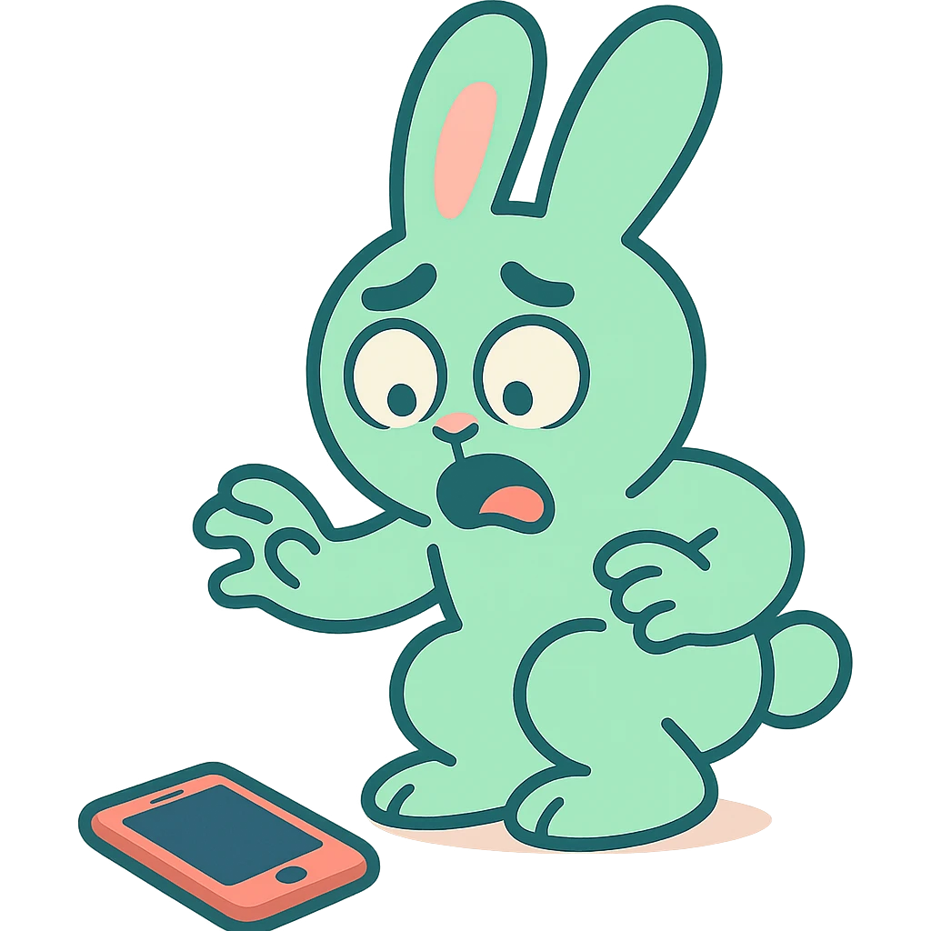 mint bunny shocked looking at phone on ground, pastel-toon style emoji