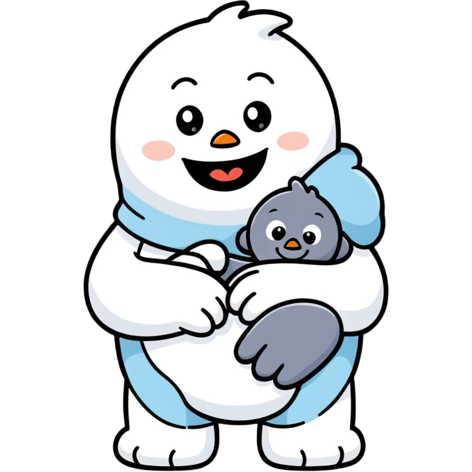 Abominable Snowman hugging a little person, cartoonish sticker style emoji