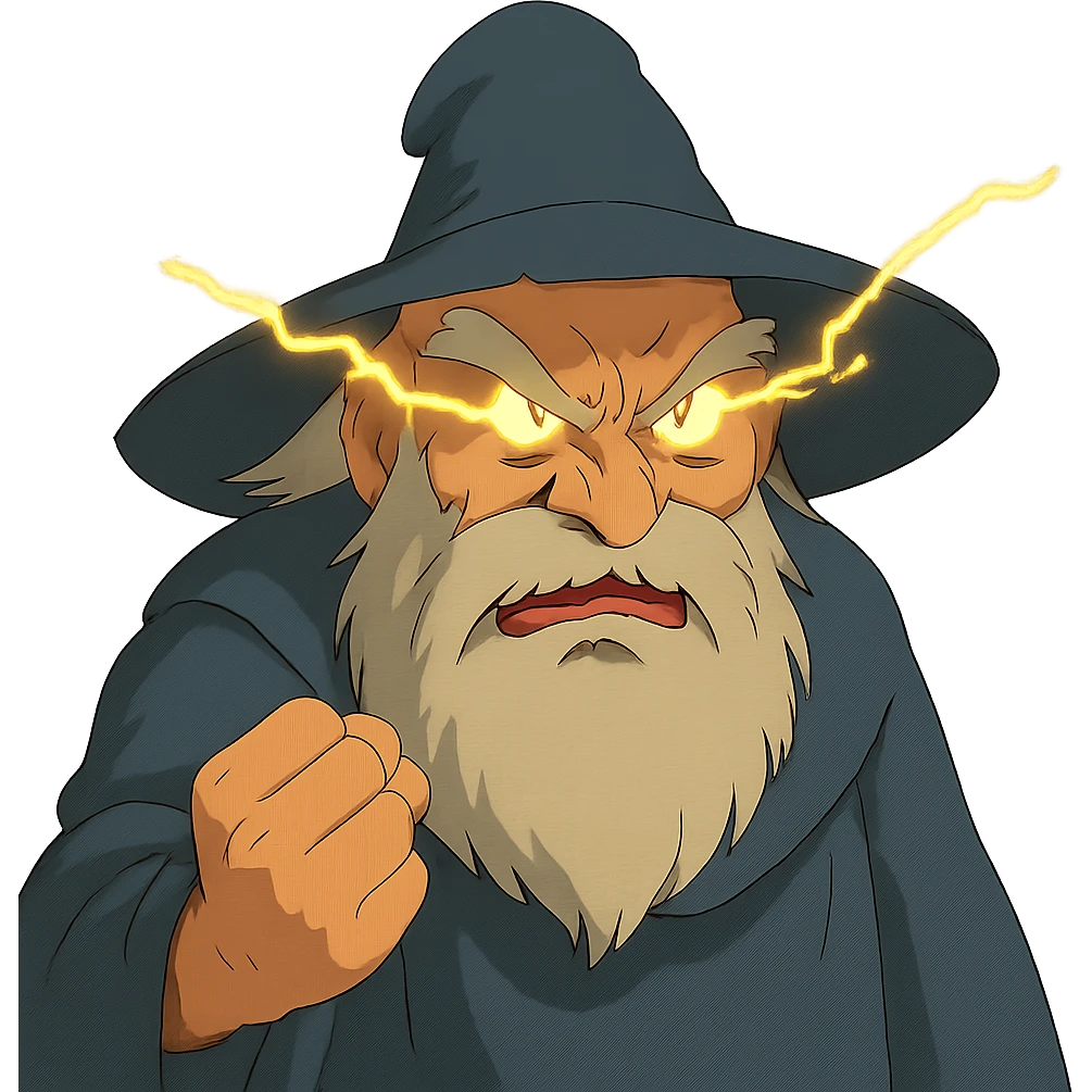 ghibli style angry wizard with lightning eyes and a balled up fist emoji