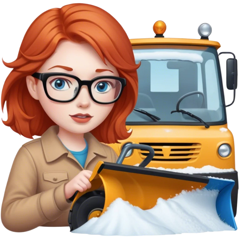 a light red headed lady, pale with blue eyes and glasses driving a snowplow emoji