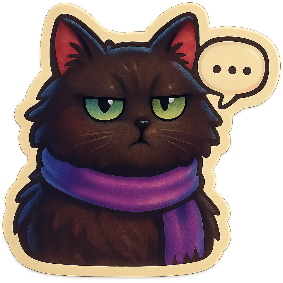 Fluffy dark-brown cat with green eyes and a purple scarf saying ‘…’ with a poker face (with a speech bubble) emoji