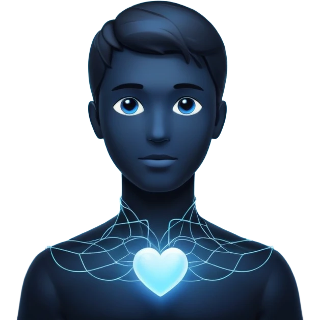 elegant man silhouette with delicate interconnected lines and floating orbs, luminous cores at head and heart, soft white-blue light emoji
