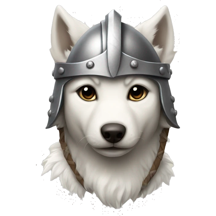 White wolf puppy wearing a viking helmet emoji