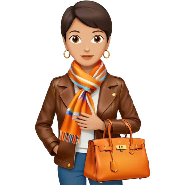 Mature woman wearing a dark brown leather Hermes jacket and a multicolored silk scarf around her neck. She has a large orange Hermes Birkin Bag. I want the image to be close up, starting from the waist up.  emoji
