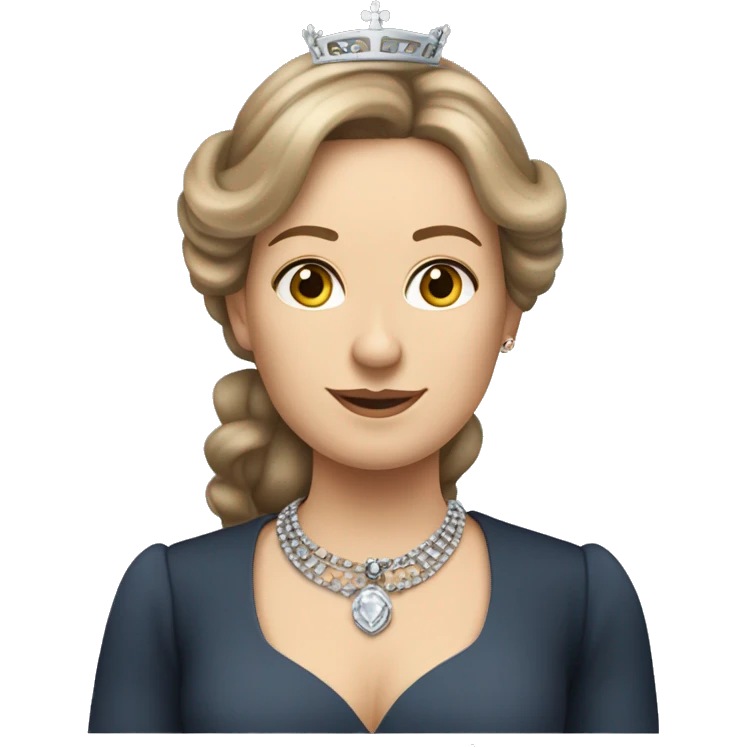 Modern day Queen Victoria with light brown hair who works at an insurance firm as an administrator wearing silver jewelry and hs tattoos emoji