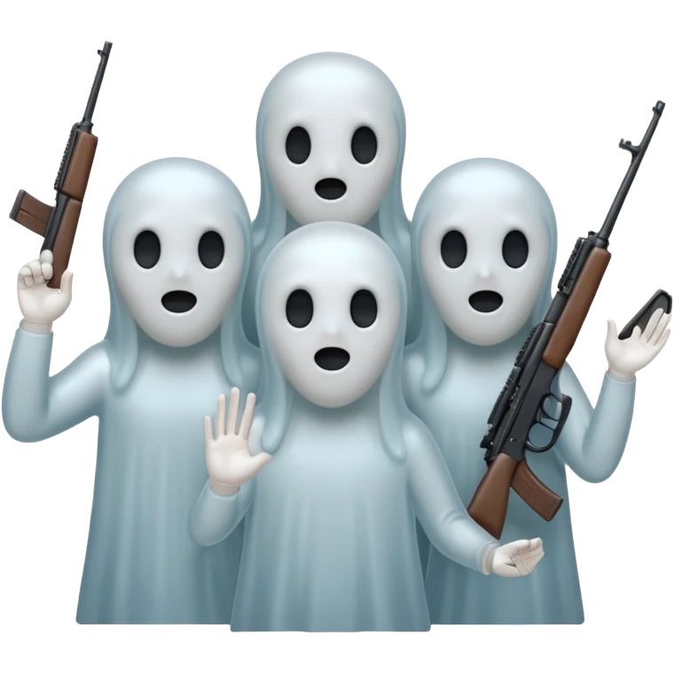 Fantasmas con un fusil y haciendo hola y chao con la manos emoji