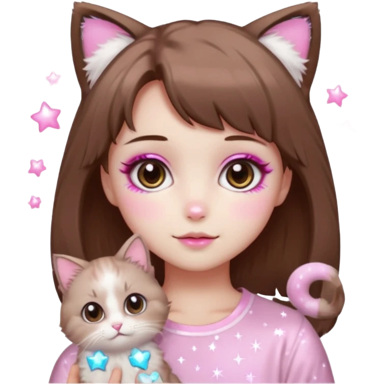 kawaii soft girl, short brown hair, pink makeup, skincare, sparkles, two fluffy light brown ragdoll cats, pink soft girl aesthetic emoji