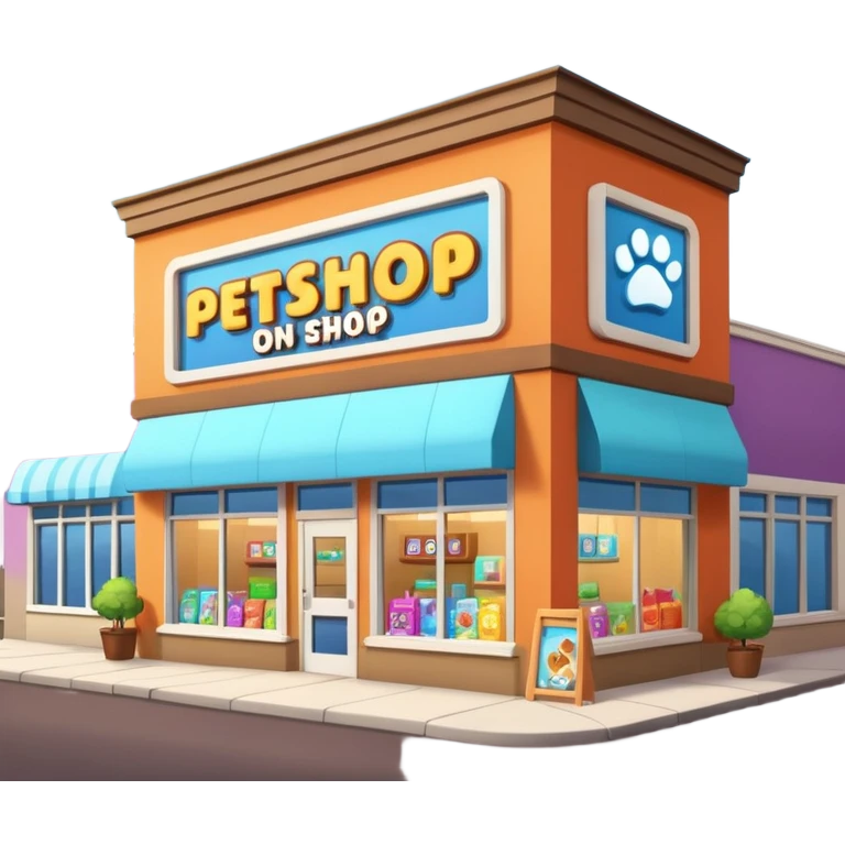 Modern building of a pet shop with a big glowing sign that says PETSHOP on the front. Colorful storefront, large windows showing pet products inside, cute animal illustrations on the walls, warm and friendly atmosphere, daytime, high-quality detailed render emoji