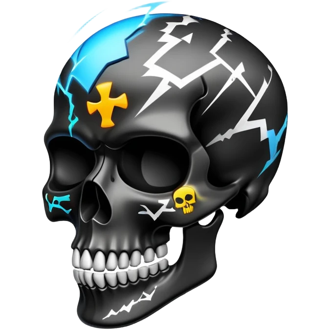 sleek black skull with electric graffiti designs and high-end fashion logos, dramatic three-quarter view emoji