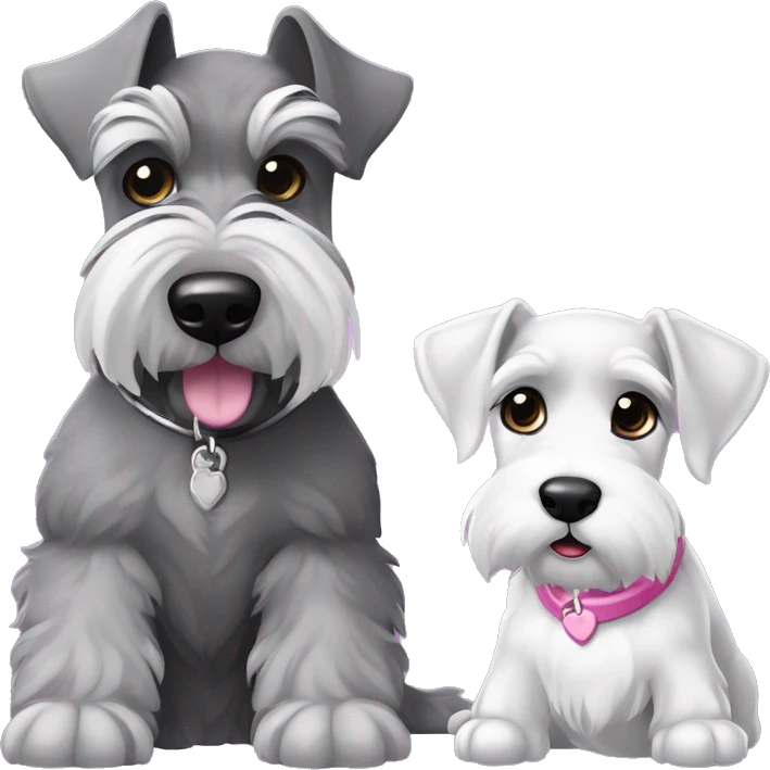 One big gray schnauzer with dark eyes that’s wearing a black collar and a silver tag next to a small all white puppy schnauzer with a pink collar emoji