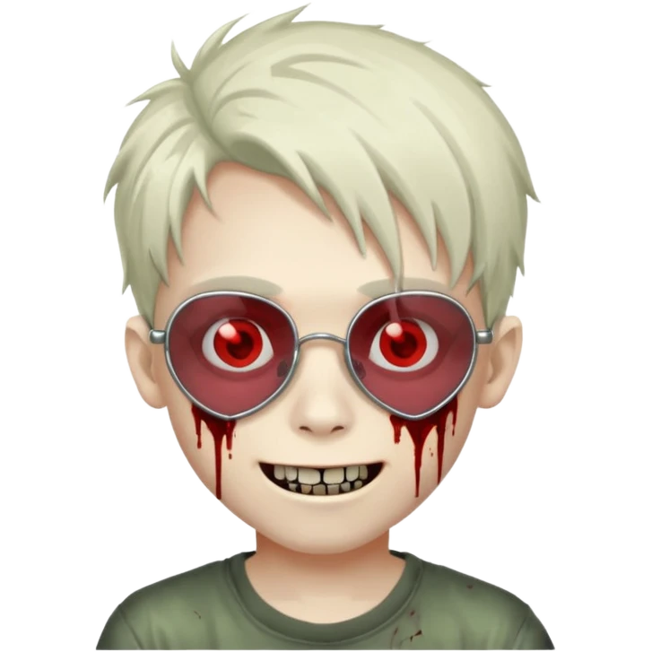 Zombie emo boy, chrome heart glasses and a scary smile, scars and blood under eyes emoji
