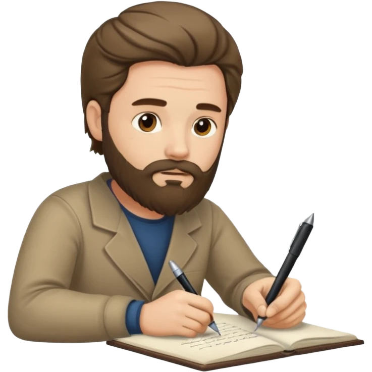 un escritor con barba y cabello medio largo, escribiendo emoji
