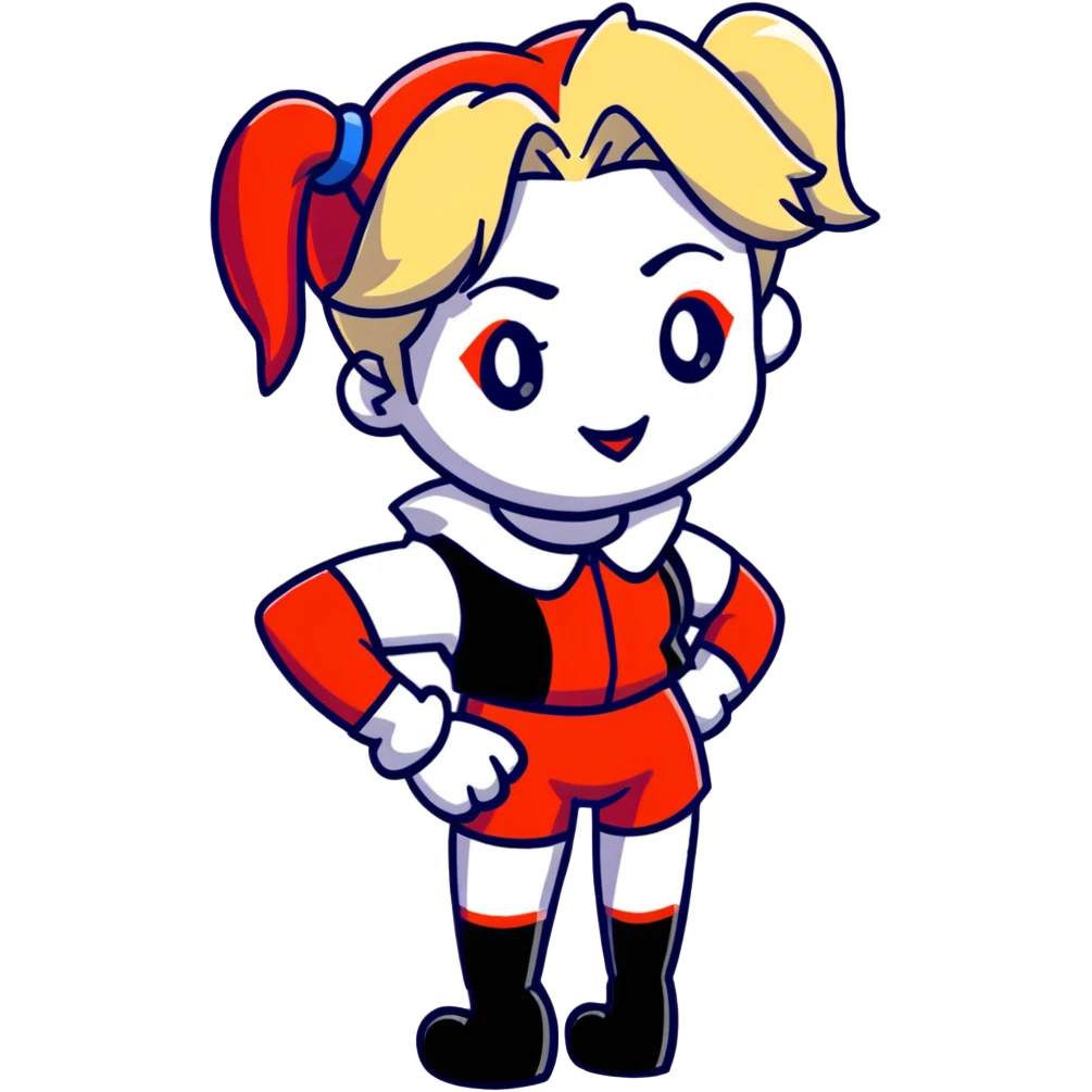 Harley Quinn without shorts and pigtails, standing with her back to us, leaning forward, looking over her shoulder. Like a teasing sticker in telegram style emoji