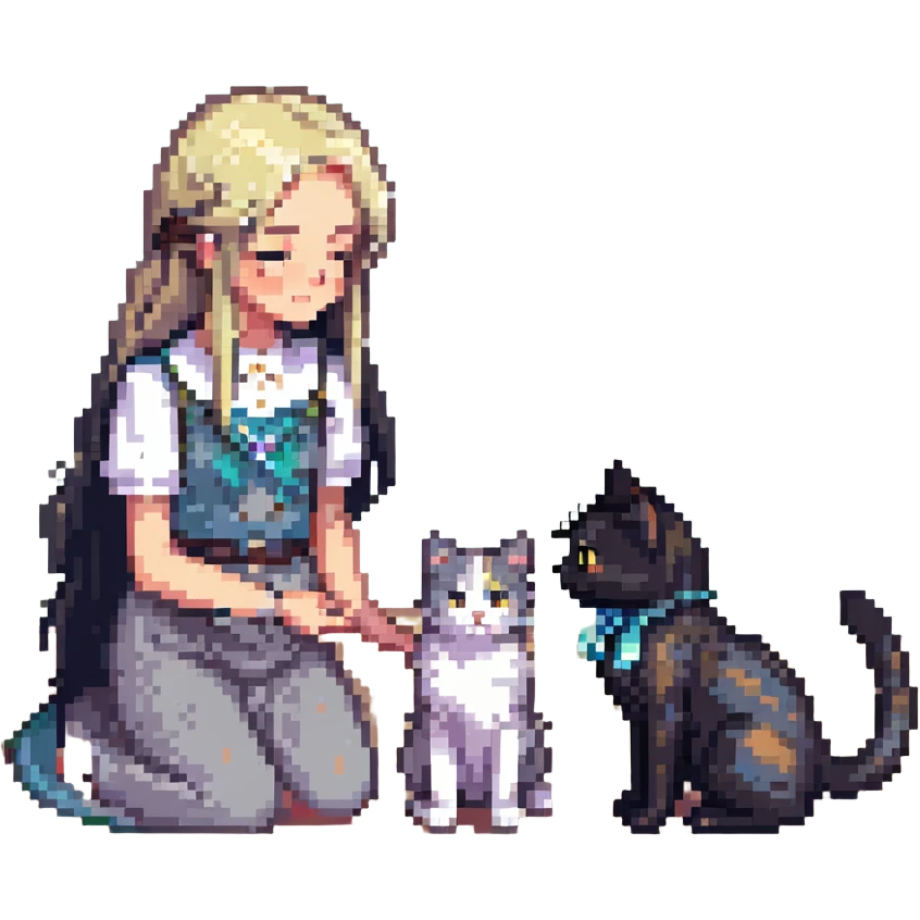 beautiful girl with long black hair petting a gray and blonde mixed cat, girl and cat looking at each other, pixel art style emoji