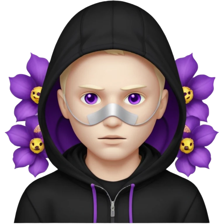 non human male cartoon character related to a shadow, with all black clothes, focusing a black hoodie, and a black versace face mask covering his entire face, just his purple shadow eyes making a light bloom emoji