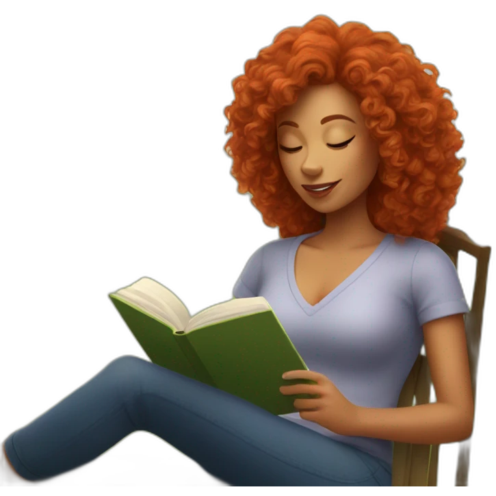 woman with curly red hair reading a book with a glass of wine in a park emoji
