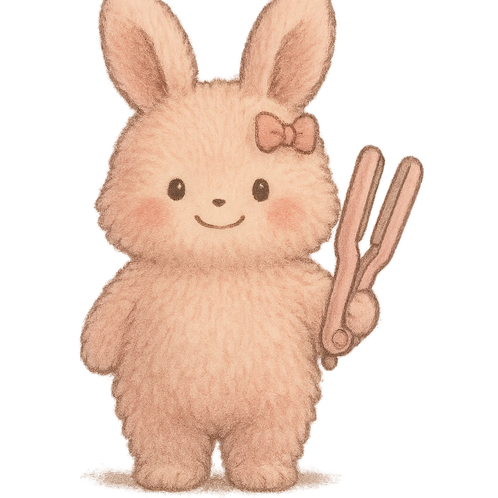 full-body soft pink bunny hair straightener extremely fluffy and plush tiny bow gentle happy face with enhanced Ghibli-style softness emoji