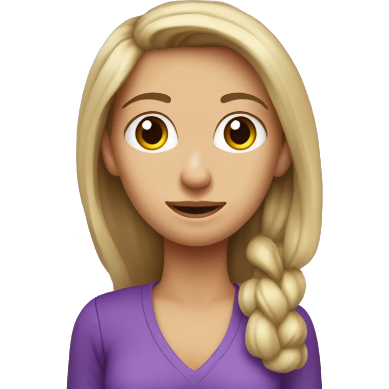 Mujer rubia de pelo lacio raya a un costado, de 37 años, con remera violeta, que legusta la economía y el sistema financiero, se hace una pregunta emoji