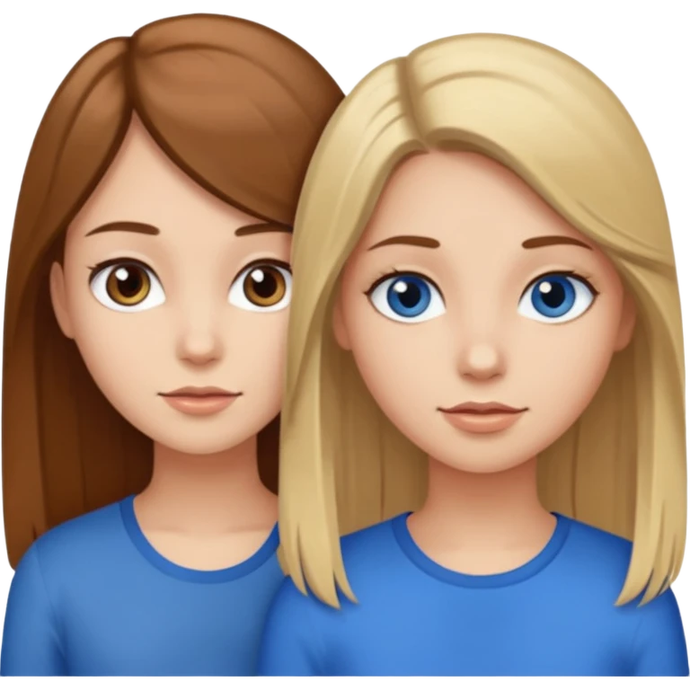 Two girls one with long brown hair and brown eyes the other with short blonde hair and blue eyes emoji