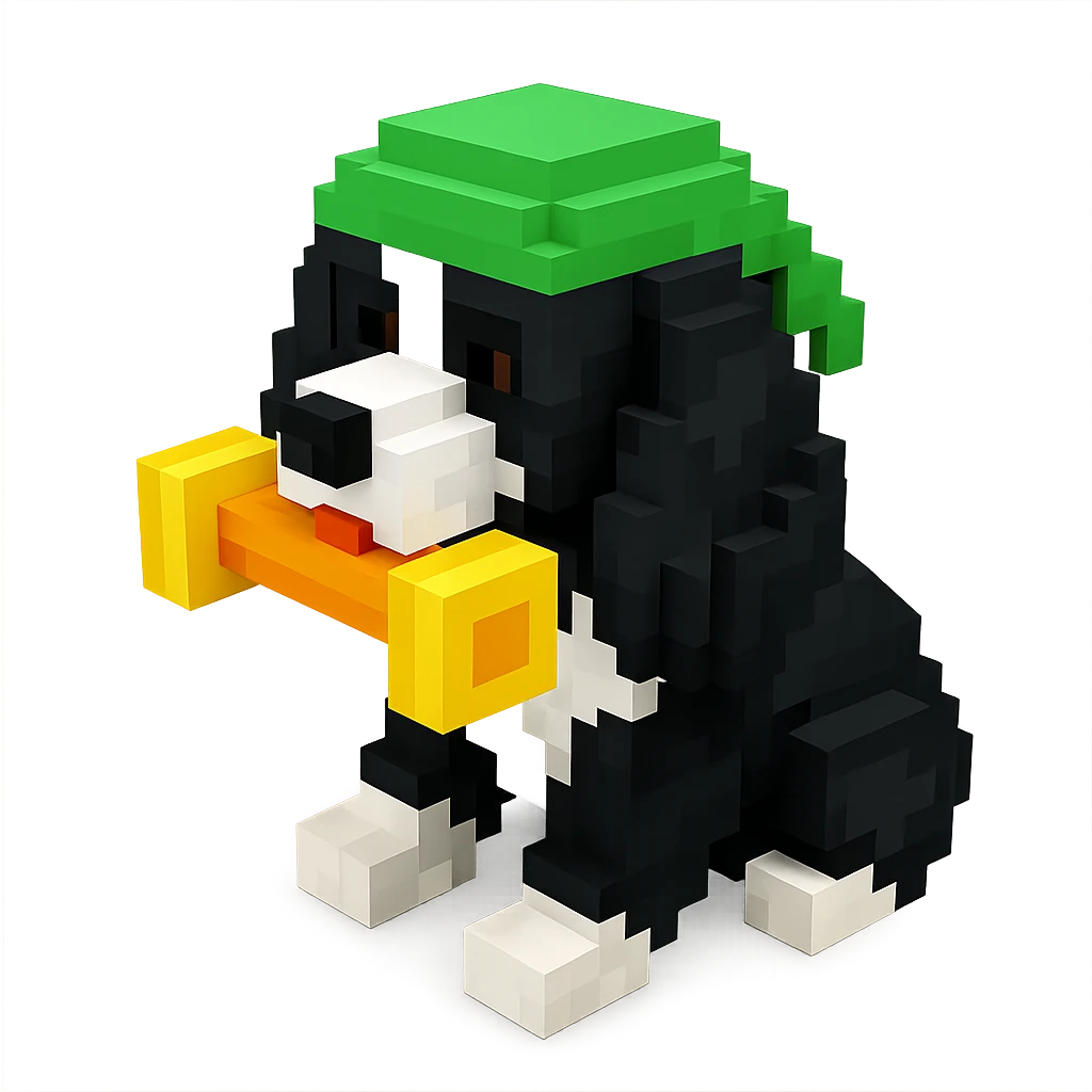 A black and white Russian Cocker Spaniel puppy wearing a green durag, voxel style, playing with a toy emoji