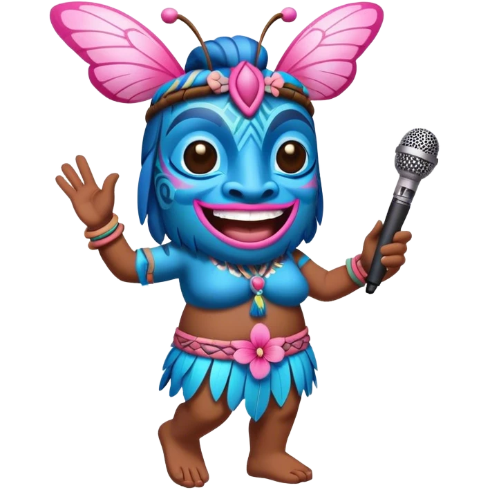 Cartoon Blue and pink tiki dancing with butterfly and mikrophone emoji