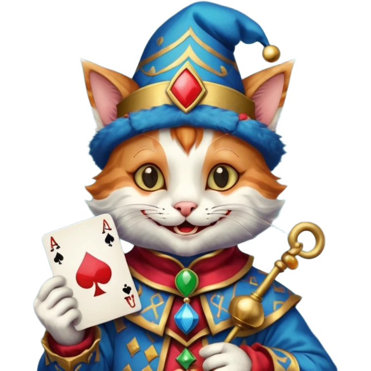 crazy colorful cute little cat jolly joker from poker, medieval, vintage, court jester, mac os icon, blue color, holds an ace poker card (clearly detailed and precise) emoji