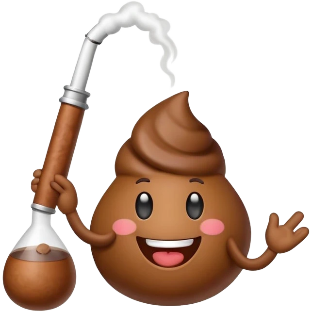 cute happy smiling poop emoji holding a smoking bong in hand emoji