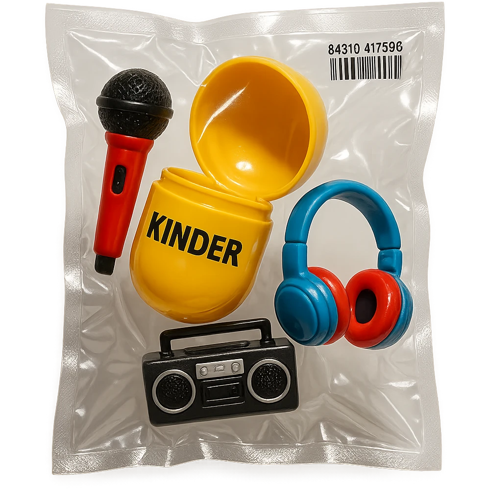 Kinder Surprise egg opened showing toys: microphone, boombox, headphones, shiny and inflated vacuum-sealed style emoji