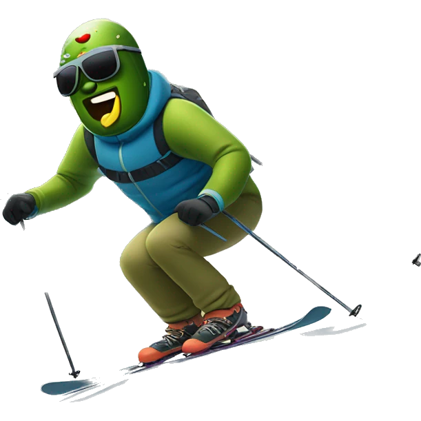 Pickle wearing sunglasses skiing down a mountain emoji
