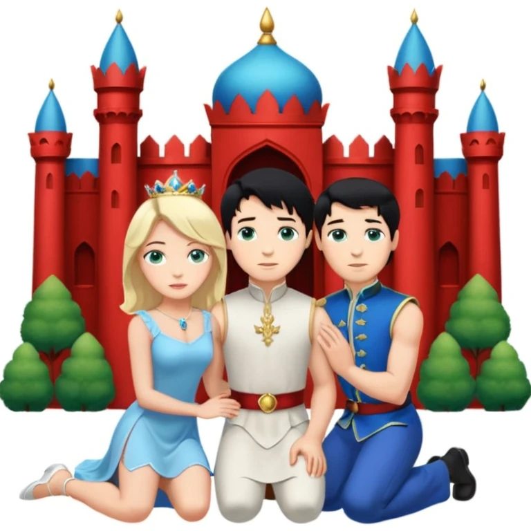 Man as prince, black Hair, blue eyes, woman, blonde, green eyes, shott white sleveless Dress, kneeling, background palace emoji