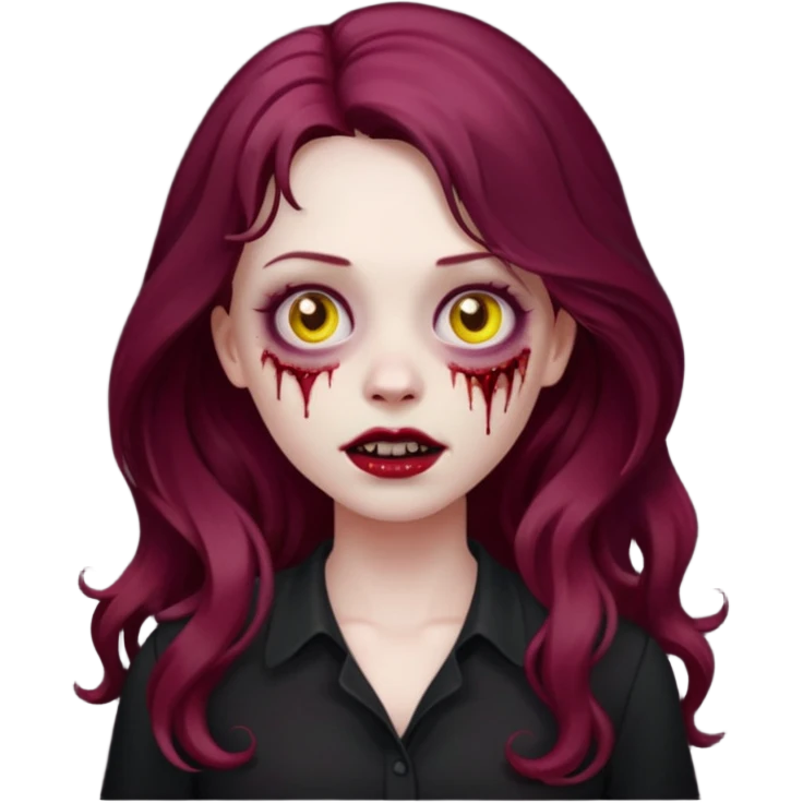 Faça me um emoji de um zumbi mulher de cabelos vermelho borgonha longos ondulado usando uma blusa preta, faça no estilo iphone emoji