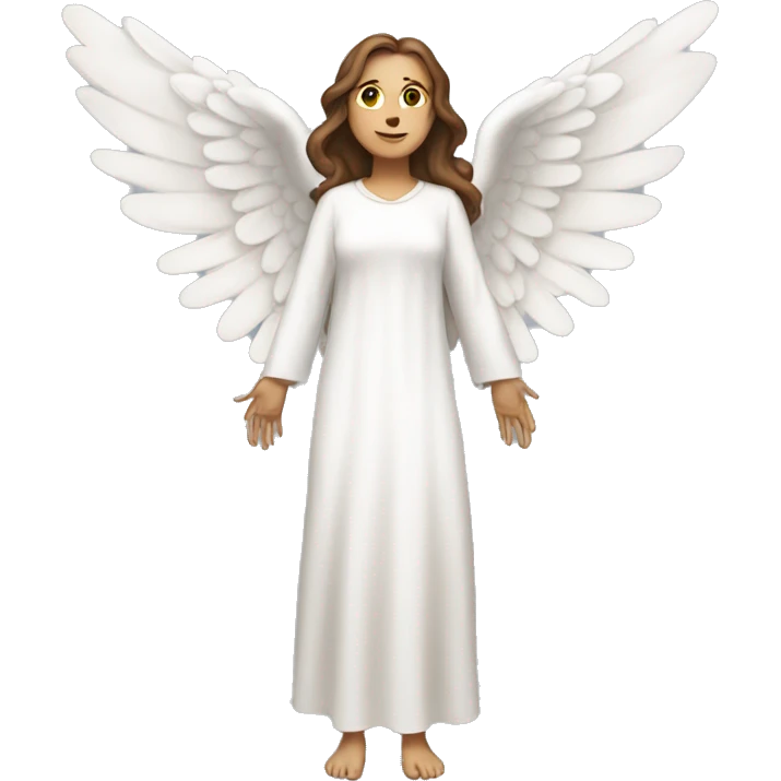 Full length white woman with brown hair dressed as an angel with wings and  emoji