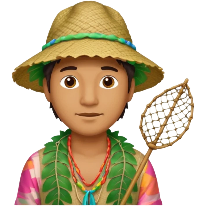 Hawaiian man with leaf hat and fishing net and colorful cloth emoji