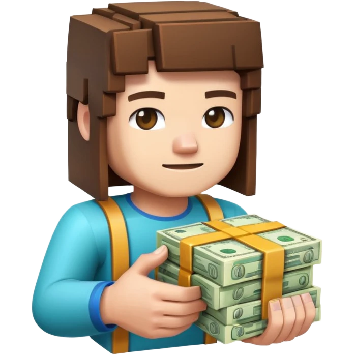 emoji style icon, minecraft blocky character holding a stack of money, pixel art style, bright colors, simple background, 3D glossy emoji, centered composition, soft shadow, high detail, clean outline, white background emoji