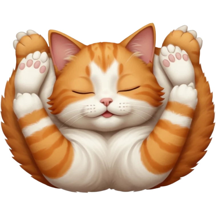 ginger and white small cat eyes closed lying down upside down with paws stretched out in different directions emoji