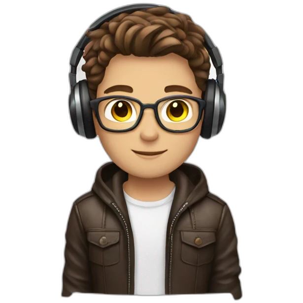 boy with bookish hairstyle, brown hair, white T-shirt, open leather jacket, with headphones. emoji
