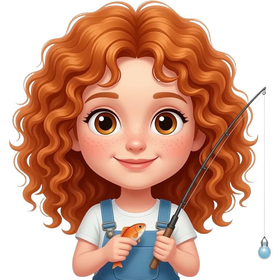 Fille rousse bouclés tâches de rousseur pêcher du poisson emoji