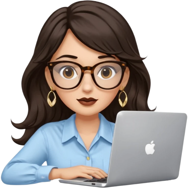 A white woman with long wavy dark brown hair and a whispy bang, wearing thick tortoise SQUARE glasses, gold drop earrings. She has long lashes and a nude browny glossy lipstick. She's wearing an oversize light blue shirt with white vertical strips. She's working on a laptop emoji