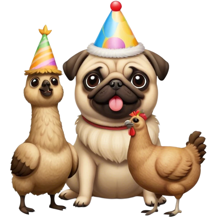 A pug eating roasted chicken with his llama stuffed animal with a birthday hat. emoji