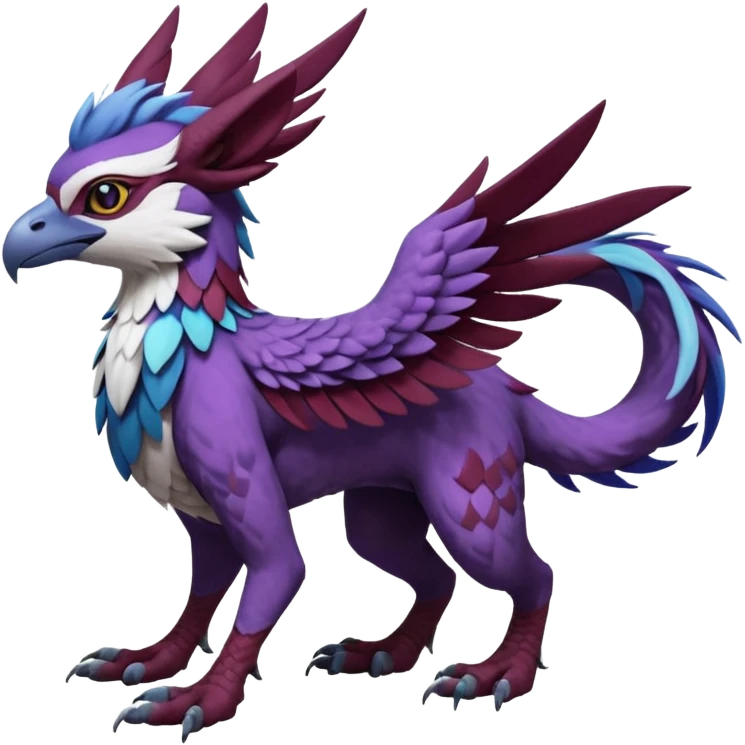 Feral Rare realistic edgy burgundy-purple pretty beautiful handsome gorgeous aesthetic colorful vibrant Vernid-Trico-Silvally-Nargacuga-Gryphon-fusion-hybrid-species-Fakemon-creature by LiLaiRa, random markings, tufted ears, full body emoji